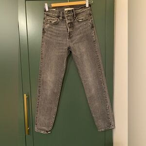 These appear to be Levi's Wedgie Fit high-waisted, button-fly jeans in a gray .